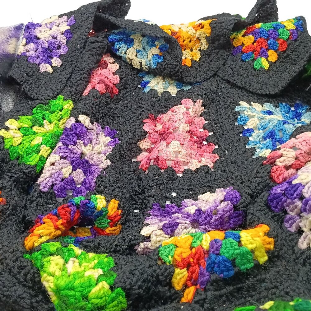 Colorful Granny Squares Afghan Throw, Hand Knitted or Crocheted Vintage Multicol